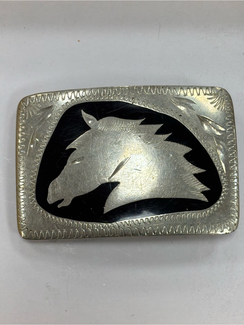Belt Buckle Black Onyx Vintage Western German Silver Engraved Horse Head